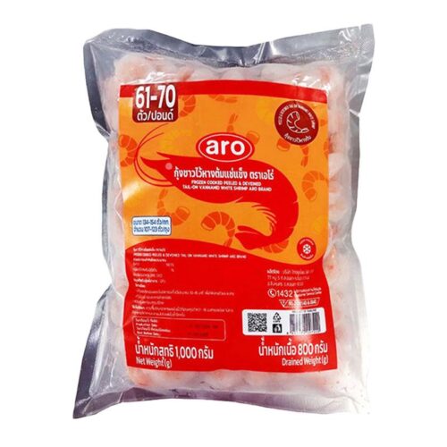เอโร่ กุ้งขาวปอกเปลือกผ่าหลังไว้หางต้มแช่แข็ง (ขนาด 107-123 ตัว/กก.) 1 กก.