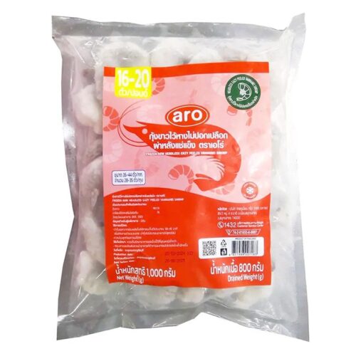 เอโร่ กุ้งขาวแช่แข็งไม่ปอกเปลือกผ่าหลังไว้หาง (28-35 ตัว) 1 กก.